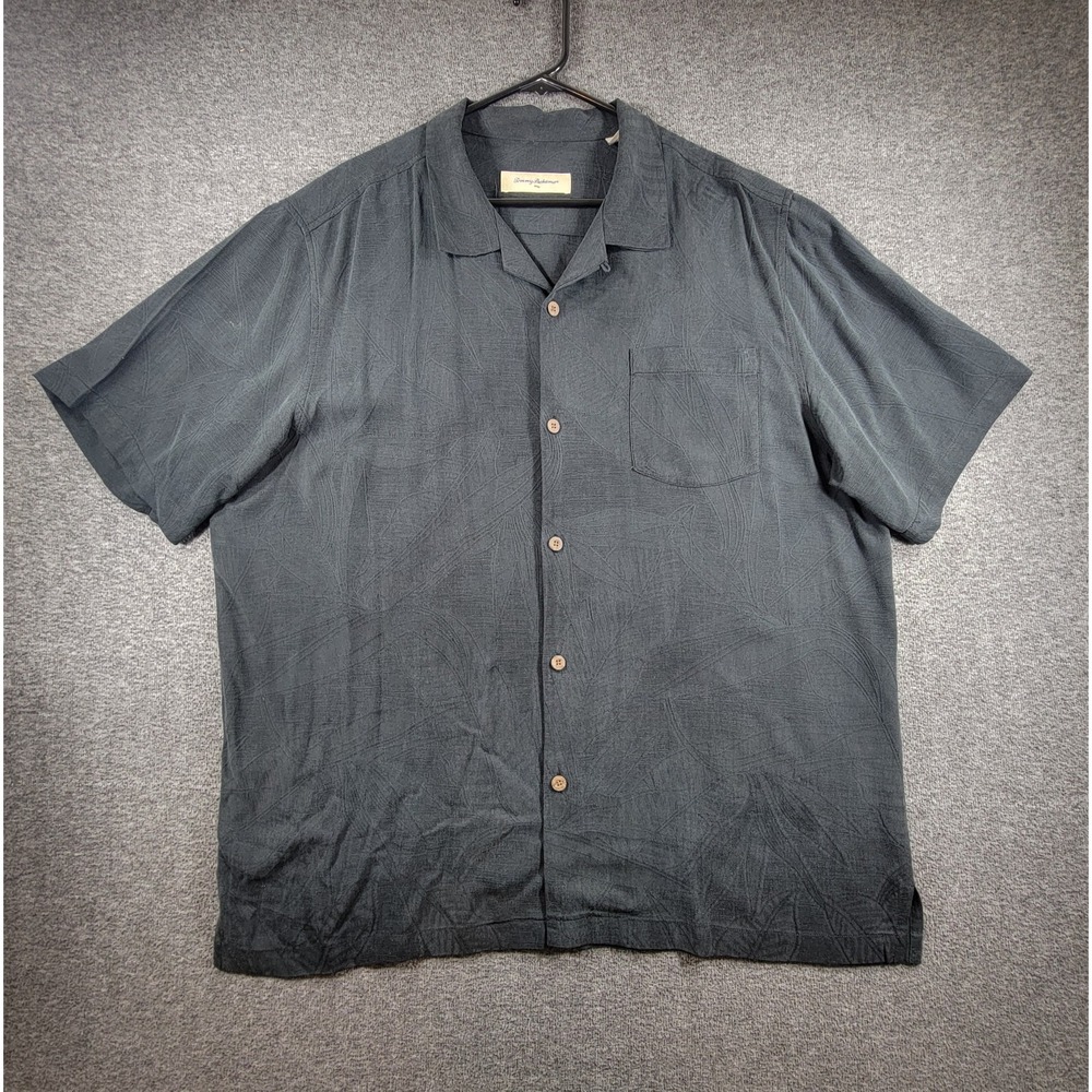 TOMMY BAHAMA 100% SILK Mens XL/TG Black Short Sleeve Button Hawaiian Shirt EXC